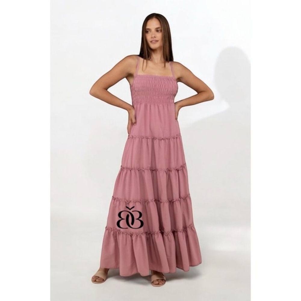 Zenana Light Rose Smocked Spaghetti Strap Tiered Woven Maxi Dress